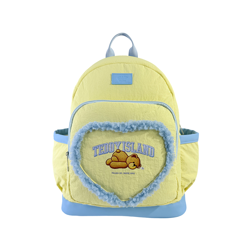 Mochila Academy informal de peluche con forma de corazón borroso azul amarillo